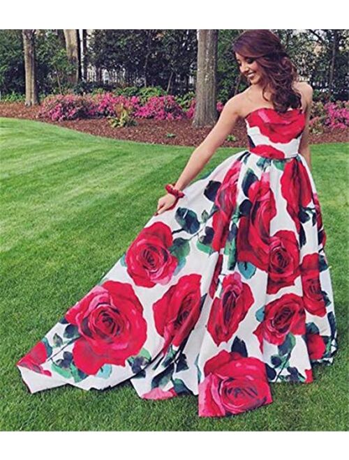 FTBY Print Prom Dress Satin Evening Gowns Women With Pockets Ball Gown