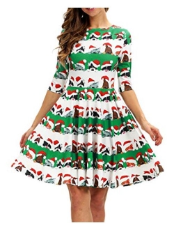 BarbedRose Women's 3D Ugly Christmas Print Round Neck Casual Flared Midi Dress