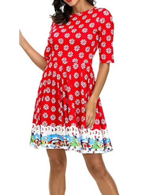 BarbedRose Women's 3D Ugly Christmas Print Round Neck Casual Flared Midi Dress