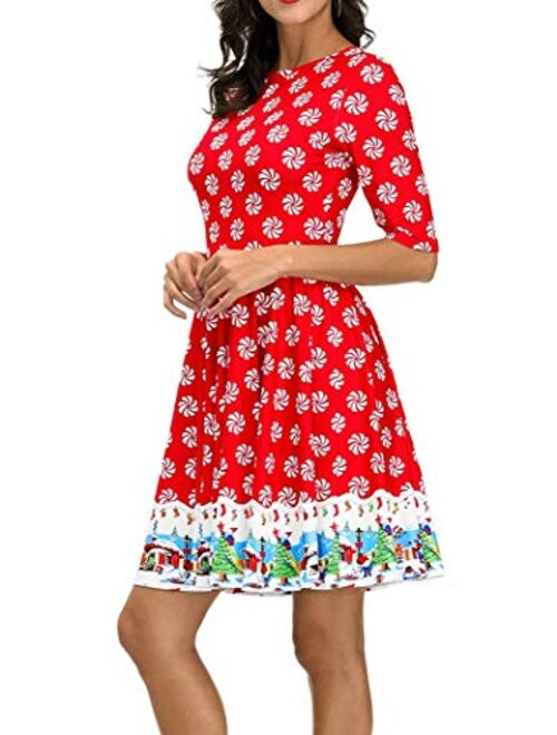 BarbedRose Women's 3D Ugly Christmas Print Round Neck Casual Flared Midi Dress