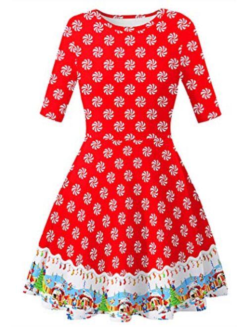 BarbedRose Women's 3D Ugly Christmas Print Round Neck Casual Flared Midi Dress