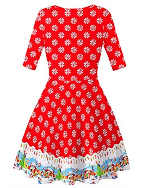 BarbedRose Women's 3D Ugly Christmas Print Round Neck Casual Flared Midi Dress