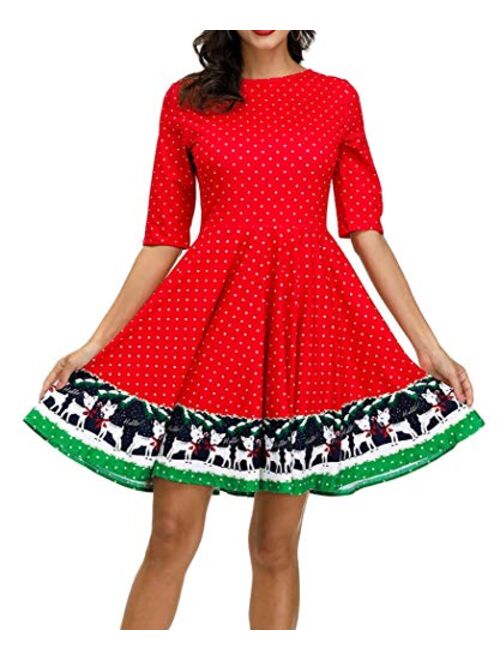 BarbedRose Women's 3D Ugly Christmas Print Round Neck Casual Flared Midi Dress