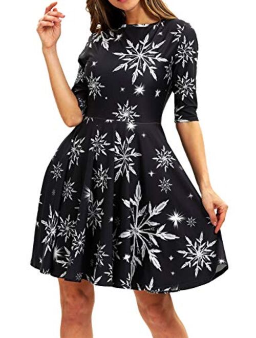 BarbedRose Women's 3D Ugly Christmas Print Round Neck Casual Flared Midi Dress