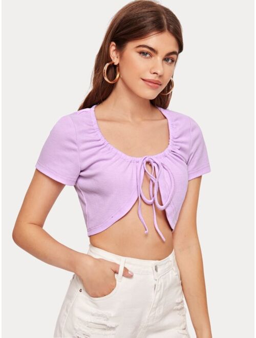 Buy Shein Drawstring Tie Neck Ribknit Crop Top online