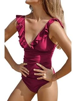 Women's V Neck One Piece Swimsuit Ruffled Lace Up Monokini