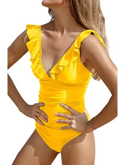 Women's V Neck One Piece Swimsuit Ruffled Lace Up Monokini