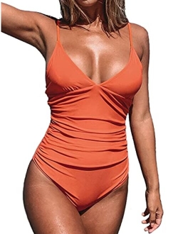 Women's Shirring Design V-Neck Low Back One Piece Swimsuit