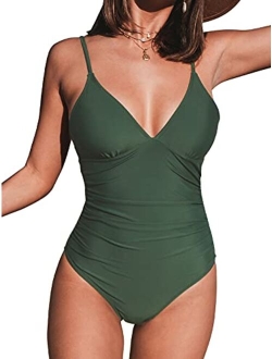 Women's Shirring Design V-Neck Low Back One Piece Swimsuit