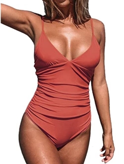 Women's Shirring Design V-Neck Low Back One Piece Swimsuit