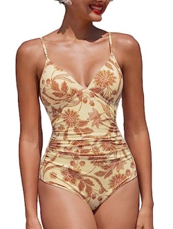 Women's Shirring Design V-Neck Low Back One Piece Swimsuit