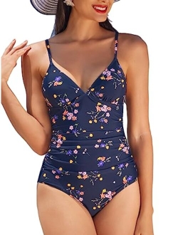 Women's Shirring Design V-Neck Low Back One Piece Swimsuit