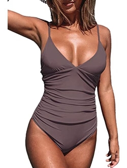 Women's Shirring Design V-Neck Low Back One Piece Swimsuit