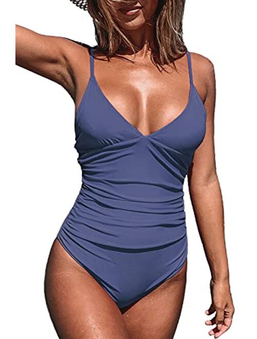 CUPSHE Women's Shirring Design V-Neck Low Back One Piece Swimsuit