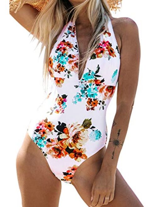 CUPSHE Women's Tie Waist Floral Print One Piece Swimsuit Halter Swimwear