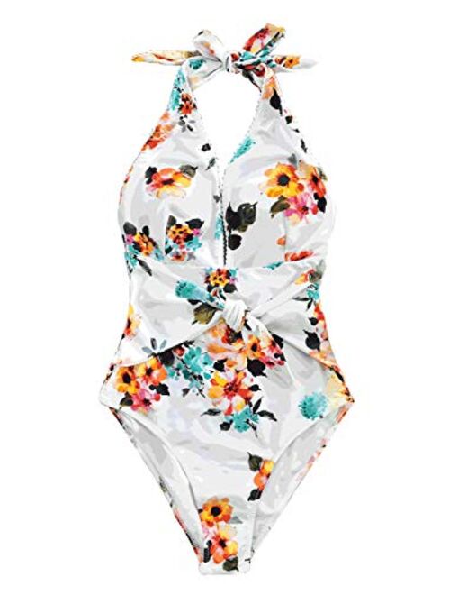 CUPSHE Women's Tie Waist Floral Print One Piece Swimsuit Halter Swimwear