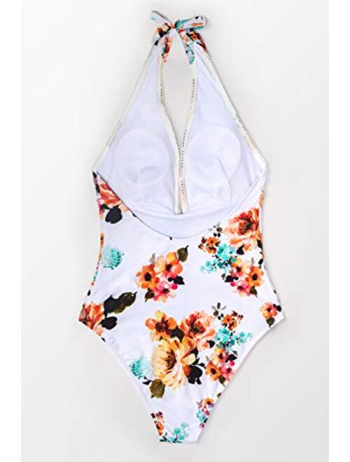 CUPSHE Women's Tie Waist Floral Print One Piece Swimsuit Halter Swimwear