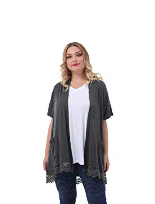 ZERDOCEAN Women's Plus Size Short Sleeve Lace Trim Lightweight Printed Drape Cardigan with Pockets