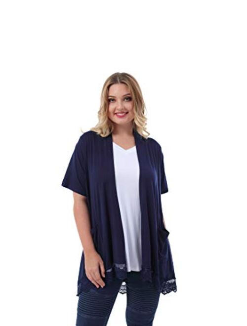 ZERDOCEAN Women's Plus Size Short Sleeve Lace Trim Lightweight Printed Drape Cardigan with Pockets