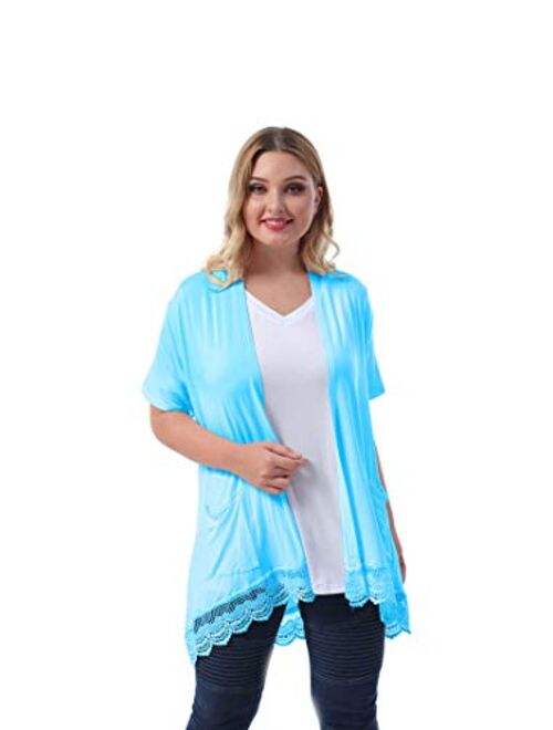 ZERDOCEAN Women's Plus Size Short Sleeve Lace Trim Lightweight Printed Drape Cardigan with Pockets