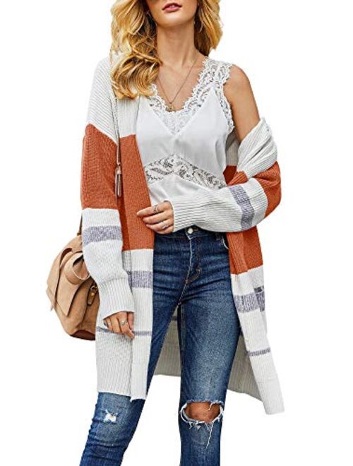 Tutorutor Womens Boho Long Cardigan Sweaters Lightweight Striped Color Block Loose Knit Kimono Duster Coat Cover Up