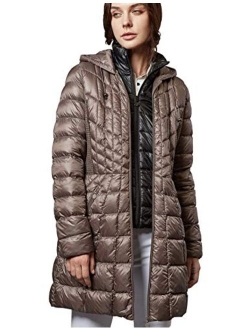 Escalier Womens Packable Down Jacket Hooded Fur Puffer Coat with Removable Bib