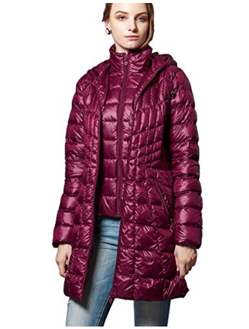 Escalier Womens Packable Down Jacket Hooded Fur Puffer Coat with Removable Bib