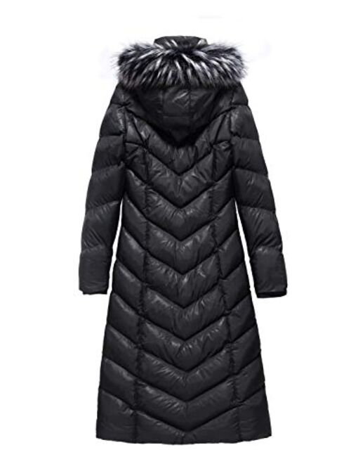 ELORA Women's Maxi Puffer Full Length Coat with Fur Trim Removable Hood