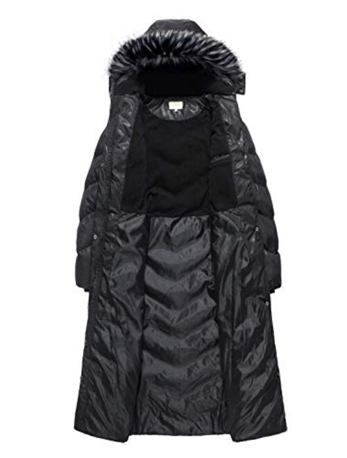 ELORA Women's Maxi Puffer Full Length Coat with Fur Trim Removable Hood