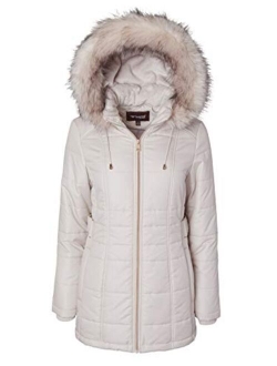 Women's Midlength Down Alternative Puffer Coat Zip Off Plush Lined Fur Trim Hood