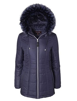 Women's Midlength Down Alternative Puffer Coat Zip Off Plush Lined Fur Trim Hood