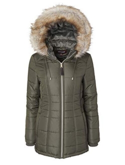 Women's Midlength Down Alternative Puffer Coat Zip Off Plush Lined Fur Trim Hood