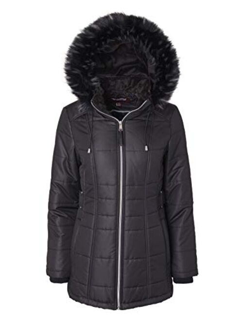 Women's Midlength Down Alternative Puffer Coat Zip Off Plush Lined Fur Trim Hood