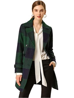 Women's Double Breasted Notched Lapel Winter Long Plaids Trench Coat