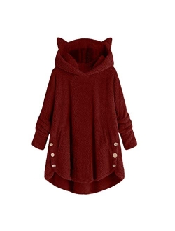 Fleece Jacket Women Pullover Hoodie Fleece Hooded Sweatshirt Cat Ear Pocket Solid Warm Winter Oversized Outwear