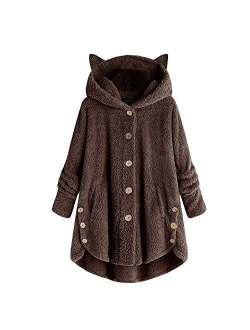 Fleece Jacket Women Pullover Hoodie Fleece Hooded Sweatshirt Cat Ear Pocket Solid Warm Winter Oversized Outwear