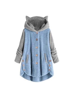 Fleece Jacket Women Pullover Hoodie Fleece Hooded Sweatshirt Cat Ear Pocket Solid Warm Winter Oversized Outwear