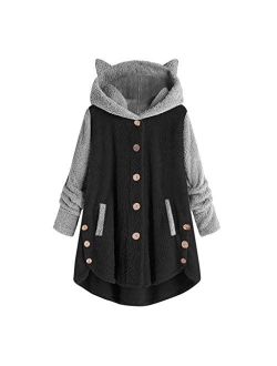 Fleece Jacket Women Pullover Hoodie Fleece Hooded Sweatshirt Cat Ear Pocket Solid Warm Winter Oversized Outwear