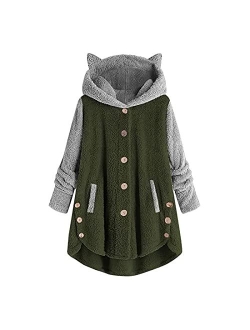 Fleece Jacket Women Pullover Hoodie Fleece Hooded Sweatshirt Cat Ear Pocket Solid Warm Winter Oversized Outwear