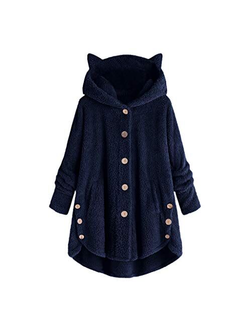 Fleece Jacket Women Pullover Hoodie Fleece Hooded Sweatshirt Cat Ear Pocket Solid Warm Winter Oversized Outwear