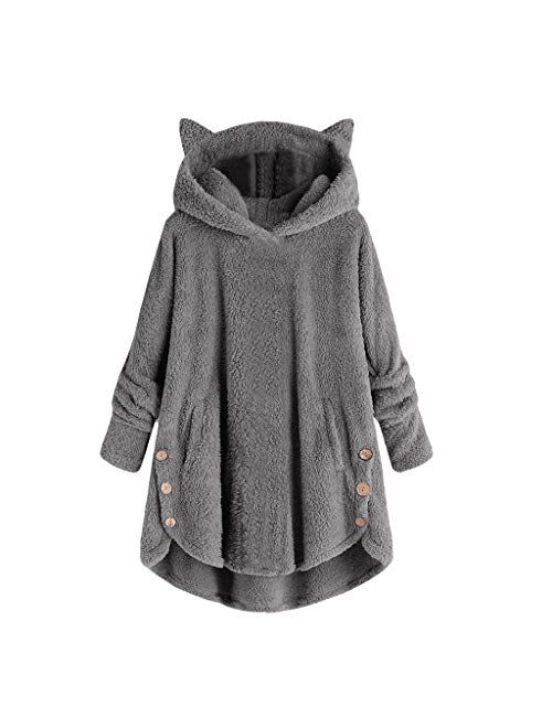 Fleece Jacket Women Pullover Hoodie Fleece Hooded Sweatshirt Cat Ear Pocket Solid Warm Winter Oversized Outwear