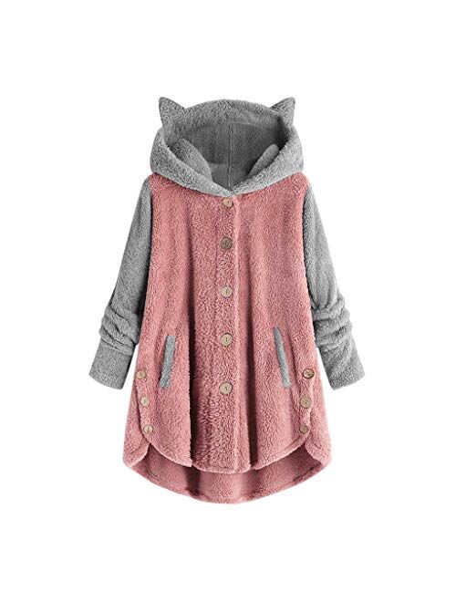 Fleece Jacket Women Pullover Hoodie Fleece Hooded Sweatshirt Cat Ear Pocket Solid Warm Winter Oversized Outwear