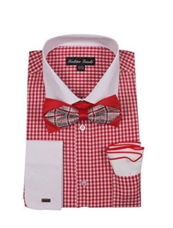 Men's Checks Shirt with High Fashion Bowtie and Handkerchief French Cuff FL628