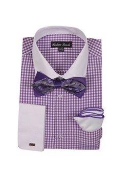 Men's Checks Shirt with High Fashion Bowtie and Handkerchief French Cuff FL628