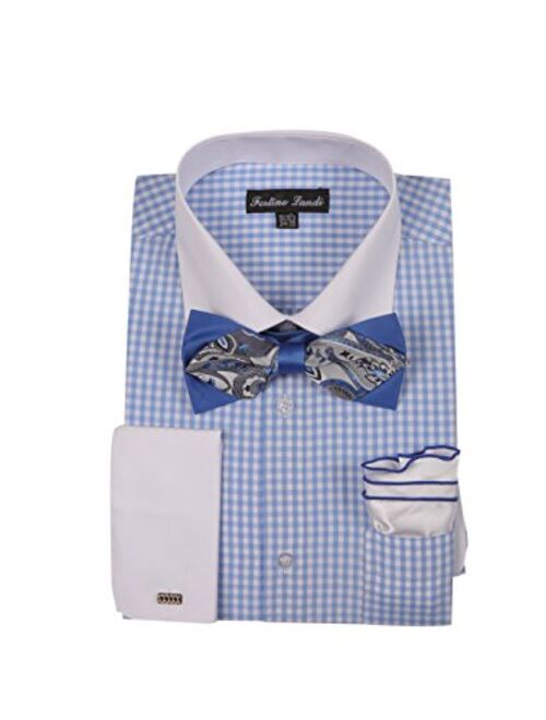 Men's Checks Shirt with High Fashion Bowtie and Handkerchief French Cuff FL628