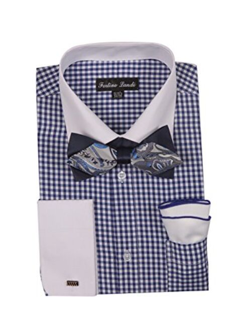 Men's Checks Shirt with High Fashion Bowtie and Handkerchief French Cuff FL628