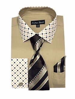 Fortino Landi Men's French Cuff Dress Shirt w/Polka Dot Contrast Collar & Tie Hanky Set