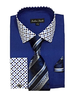 Fortino Landi Men's French Cuff Dress Shirt w/Polka Dot Contrast Collar & Tie Hanky Set