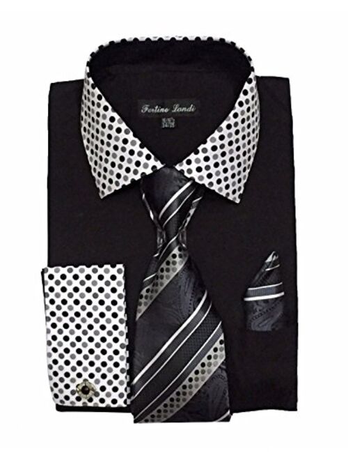 Fortino Landi Men's French Cuff Dress Shirt w/Polka Dot Contrast Collar & Tie Hanky Set