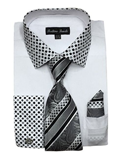 Fortino Landi Men's French Cuff Dress Shirt w/Polka Dot Contrast Collar & Tie Hanky Set